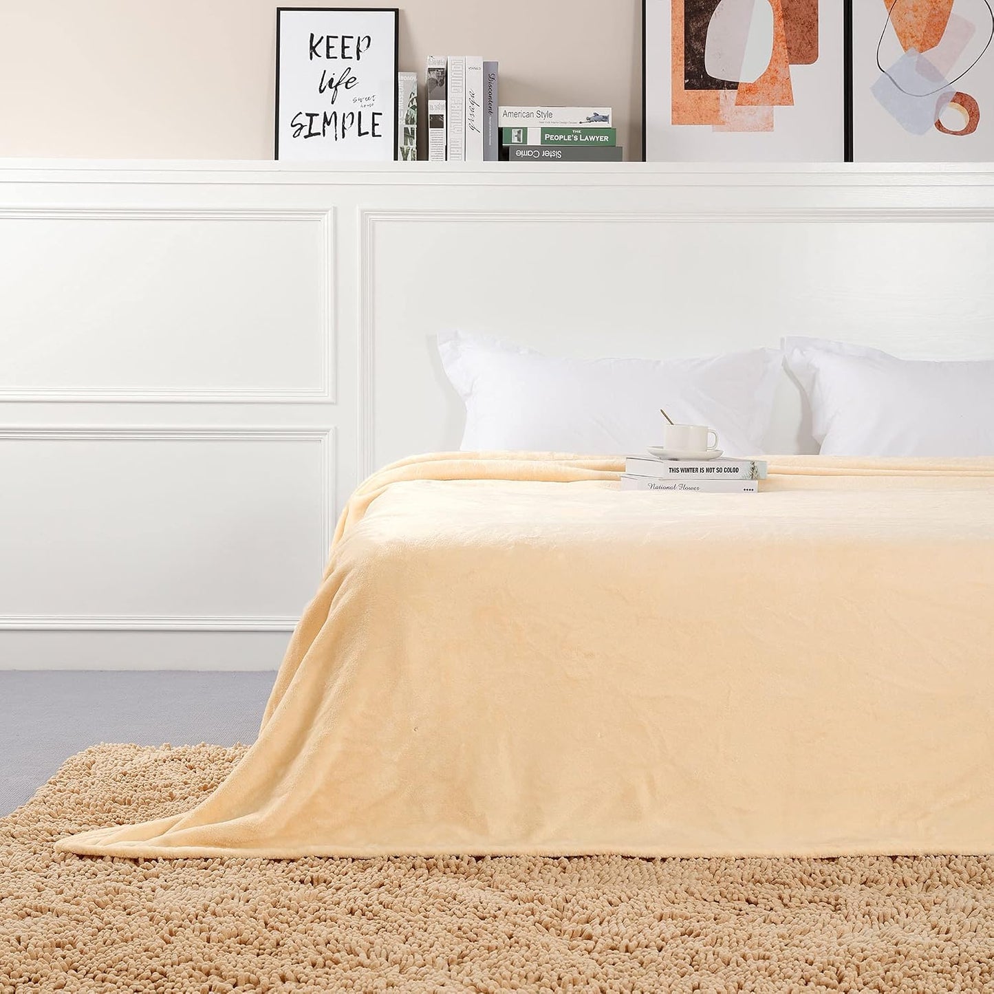 Fleece Blankets, Super Soft Flannel Queen Size Blanket for Bed, Luxury Cozy Microfiber Plush Fuzzy Blanket,Beige