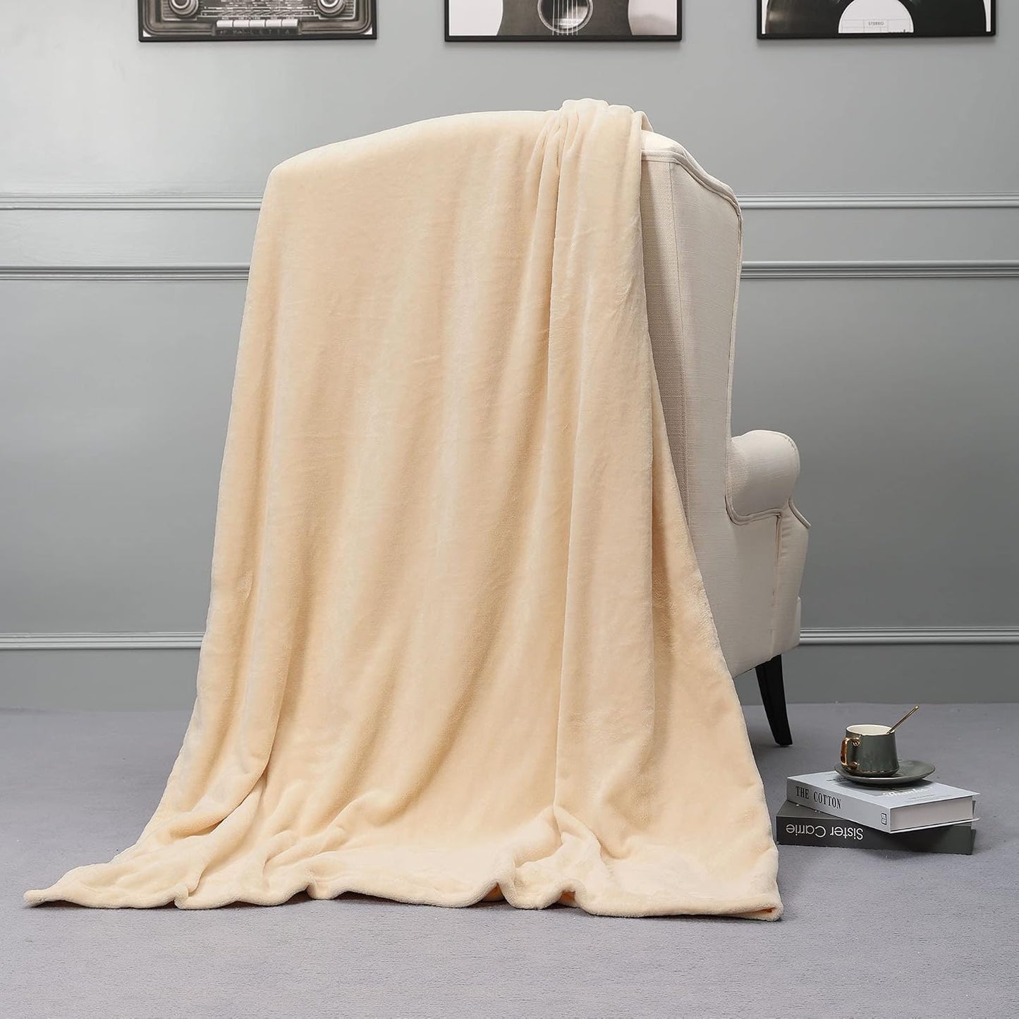 Fleece Blankets, Super Soft Flannel Queen Size Blanket for Bed, Luxury Cozy Microfiber Plush Fuzzy Blanket,Beige