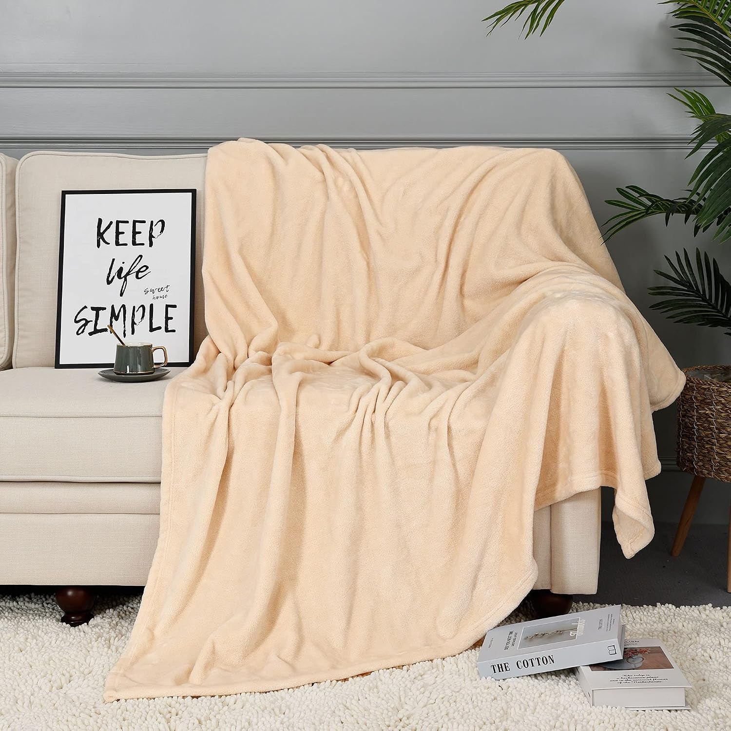 Fleece Blankets, Super Soft Flannel Queen Size Blanket for Bed, Luxury Cozy Microfiber Plush Fuzzy Blanket,Beige